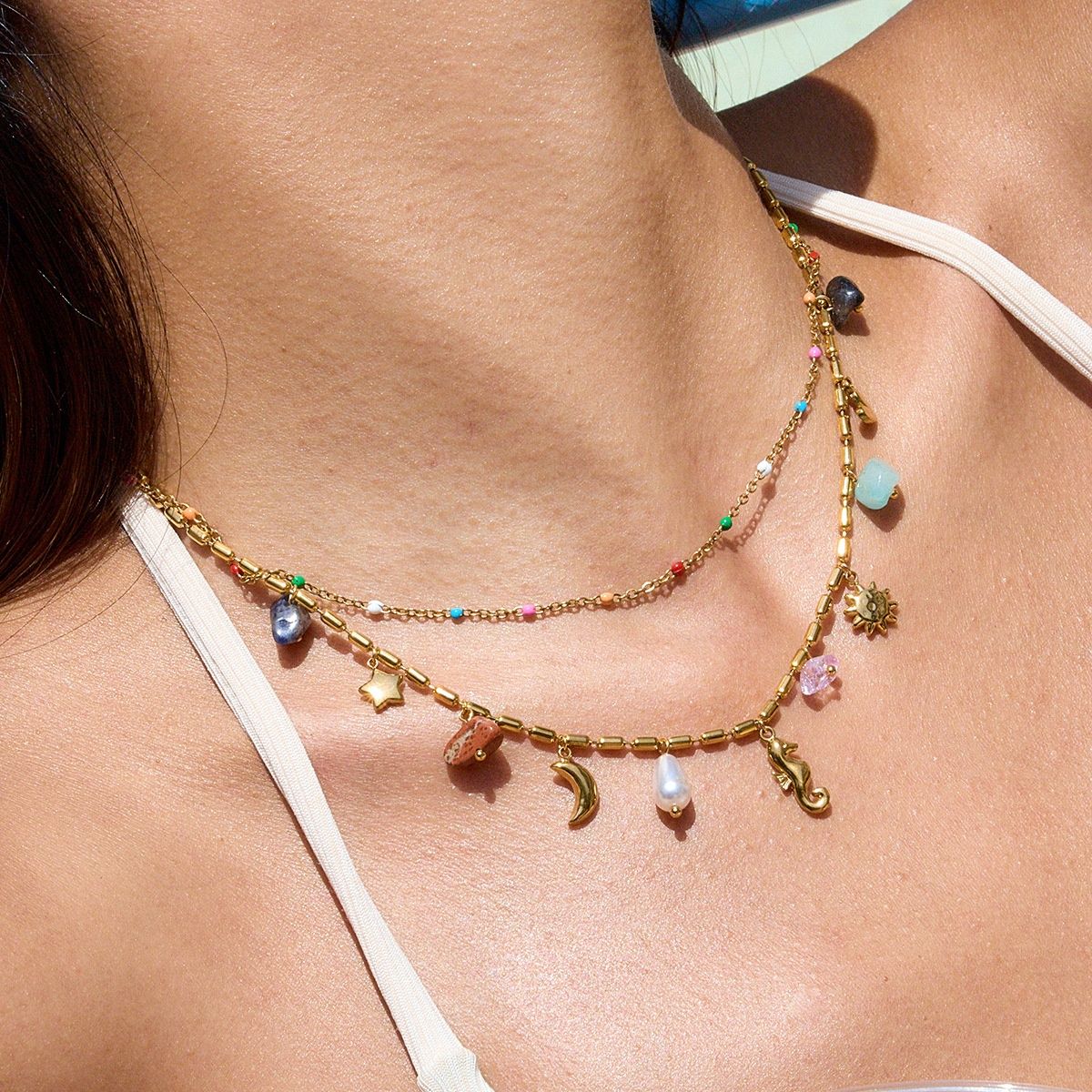 Vintage Bohemian Style Natural Gravel Double-layer Accessories Hippo Pendant Twin Necklace