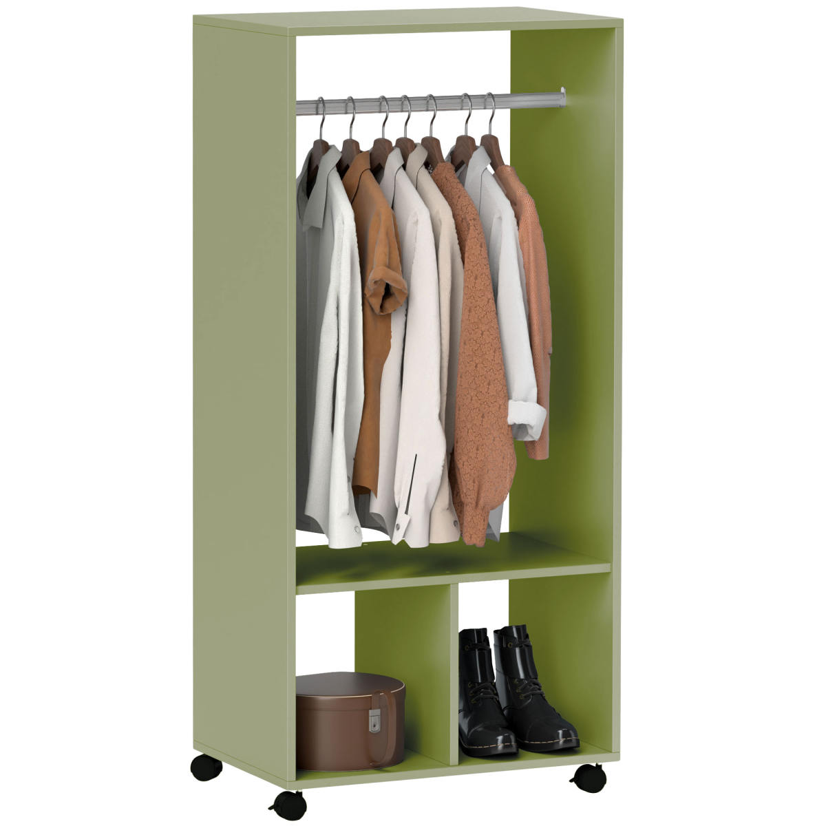 Open Wardrobe On Wheels, Bedroom Wardrobe With Clothes Hanging Rail, 2 Storage Shelves, Mobile Garment Rack For Cloakroom, Hallway, Green