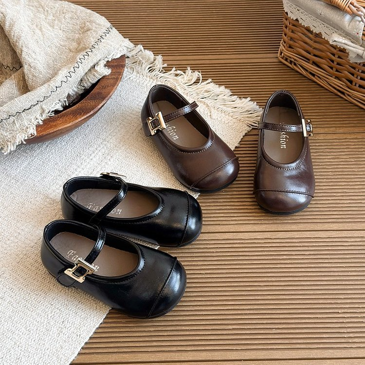 2026 Spring New Arrival Girls' Leather Shoes, Black Korean Style Soft Sole Toddler Flat Shoes, Retro Princess Casual Shoes For Little Girls