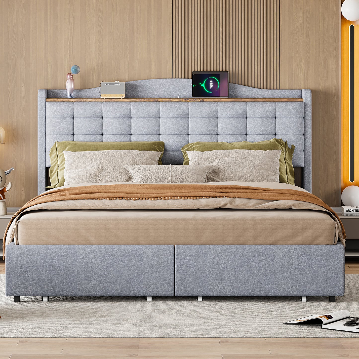 Upholstered Bed 160x200 Cm, Bedside Table With USB Charging Port And Shelf, Double Flat Bed With 4 Drawers, Linen Fabric Grey