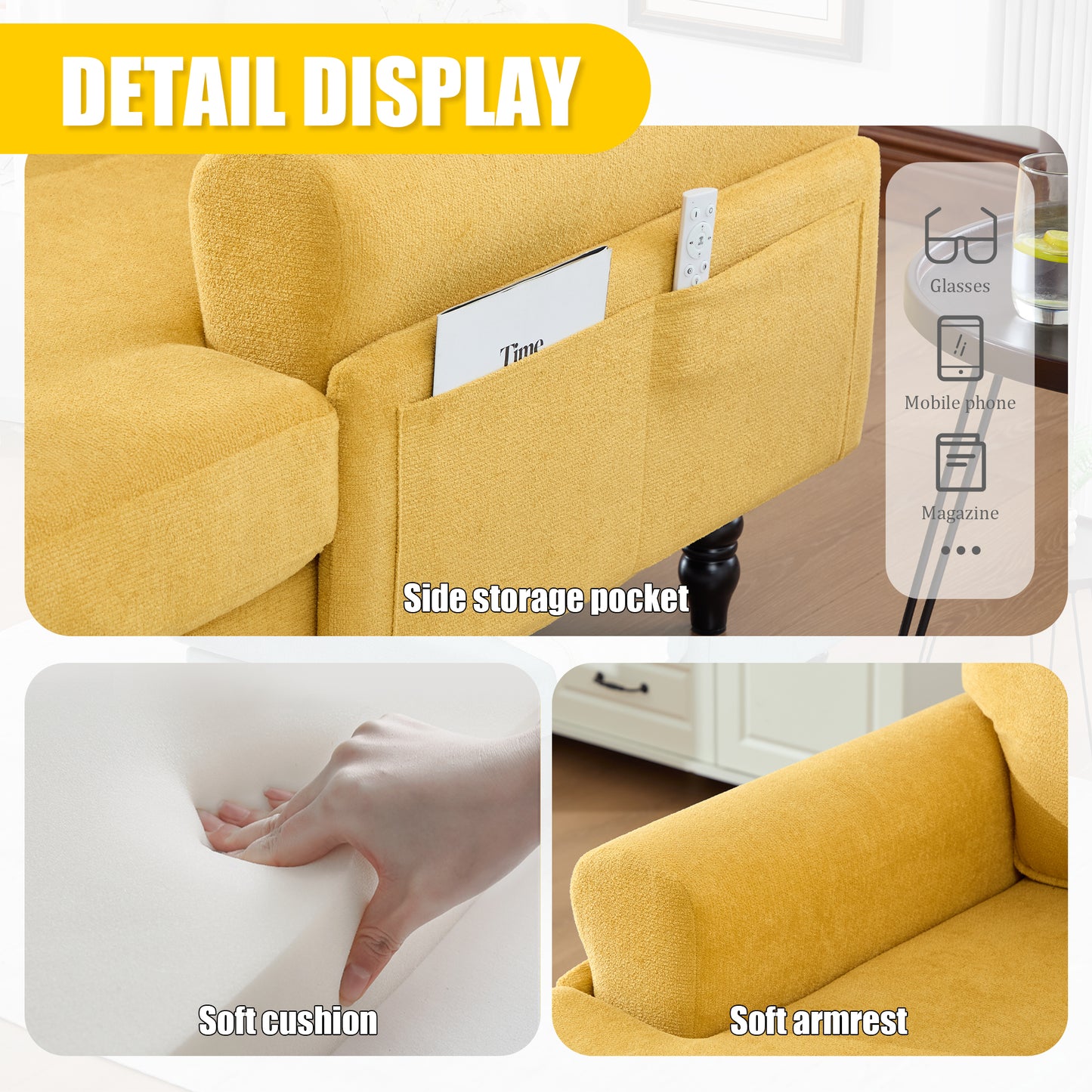 Modern Minimalist Chenille Fabric Chaise Lounge Recliner Single Sofa Living Room Bedroom Rest Chair Wooden Sofa Legs With Comfortable Backrest And Armrests Side Pockets For Storage Suitable For Office