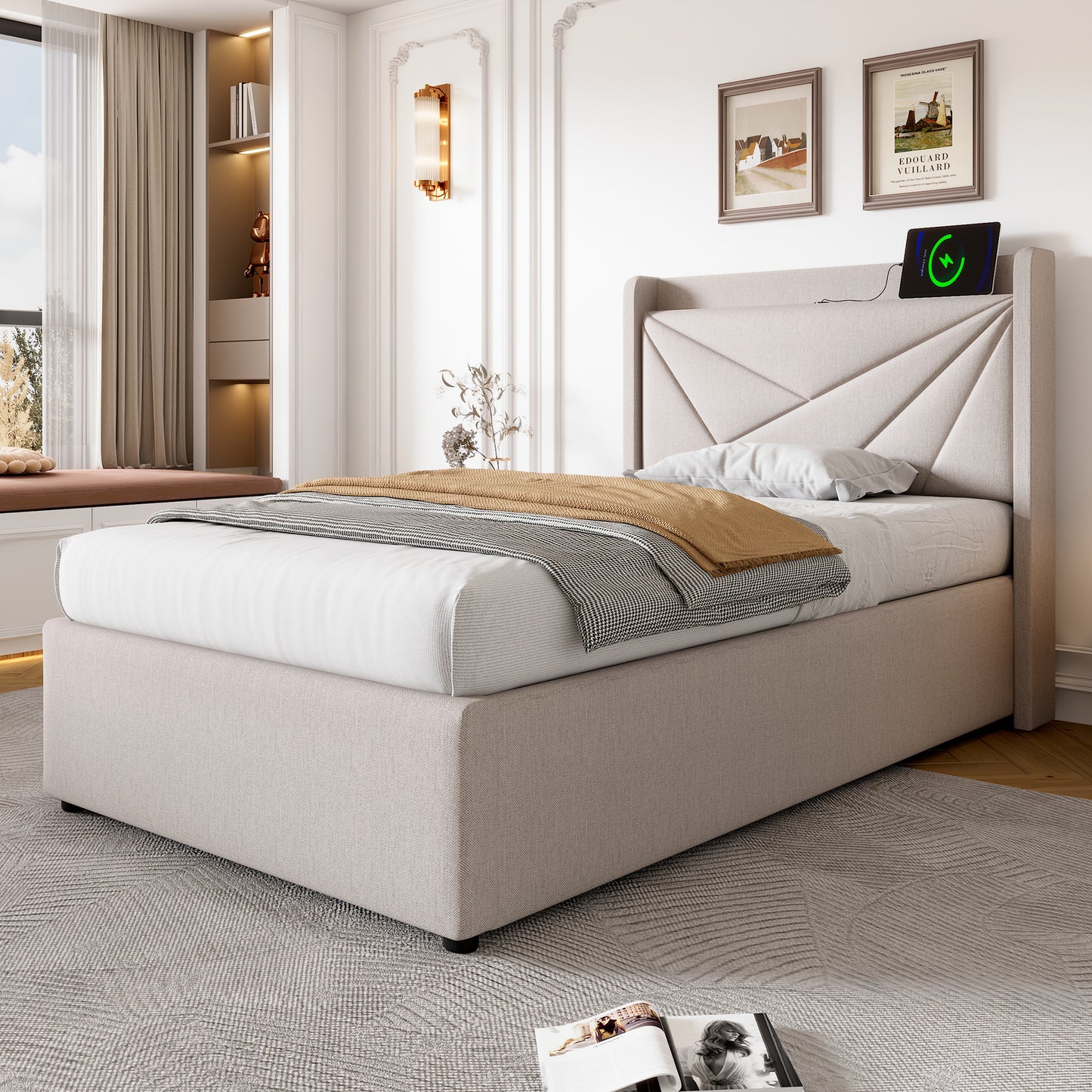 Upholstered Bed Single Bed Storage Bed Box With USB Type C Charging Function Headboard,Storage Beds Bed Frame Made Of Linen Material Youth Bed 90x200 With Slatted Base  Without Mattress