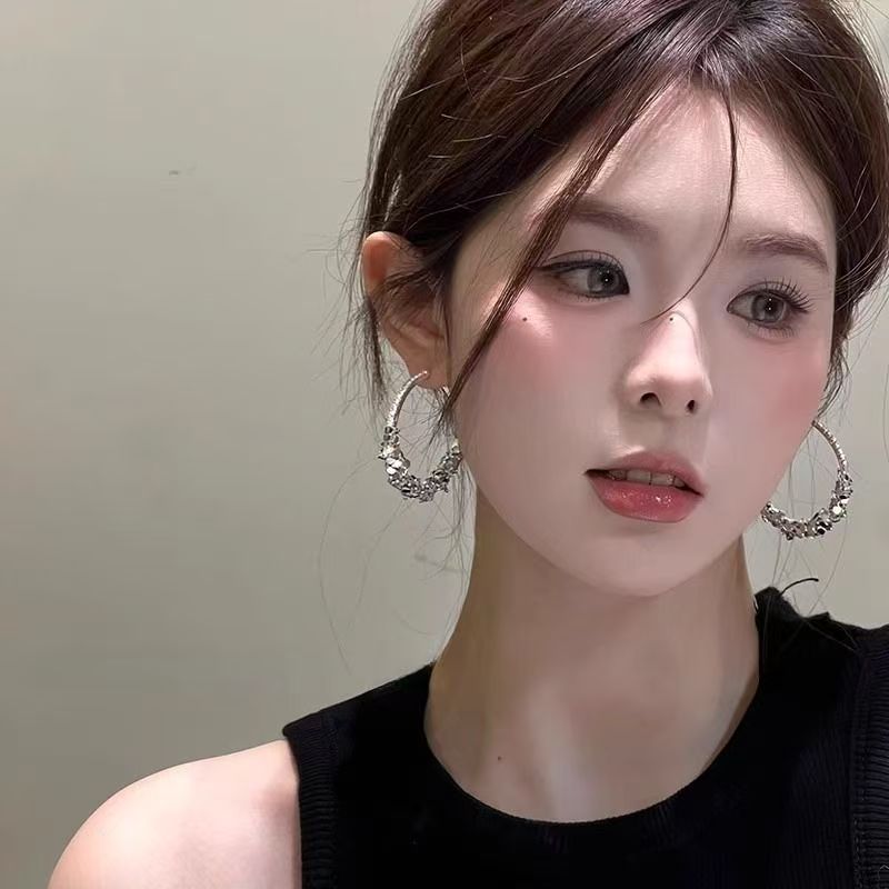 Korean Chic Style Silver Sparkling Rhinestone Big Hoop Earrings For Women, Light Luxury High-End Bold Personality Circle Stud Ear Jewelry