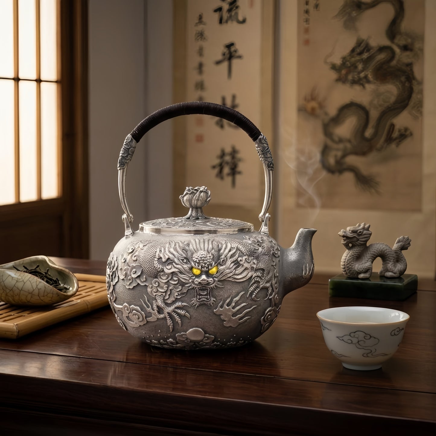 925 Sterling Silver Handcrafted Silver Tea Kettle with Exquisite Imperial Dragon Relief and Lotus Lid - Handicraft