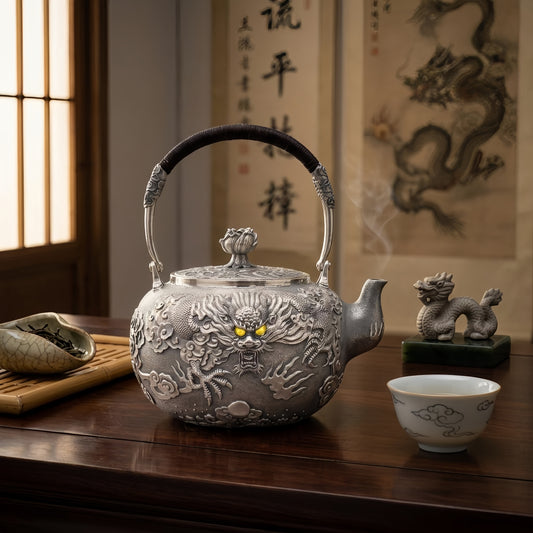 925 Sterling Silver Handcrafted Silver Tea Kettle with Exquisite Imperial Dragon Relief and Lotus Lid - Handicraft