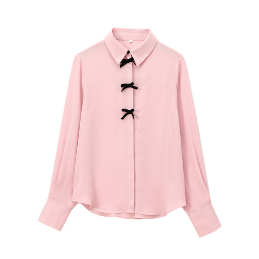 Autumn Beauty Outfit Velvet Bow Decorated Shirt