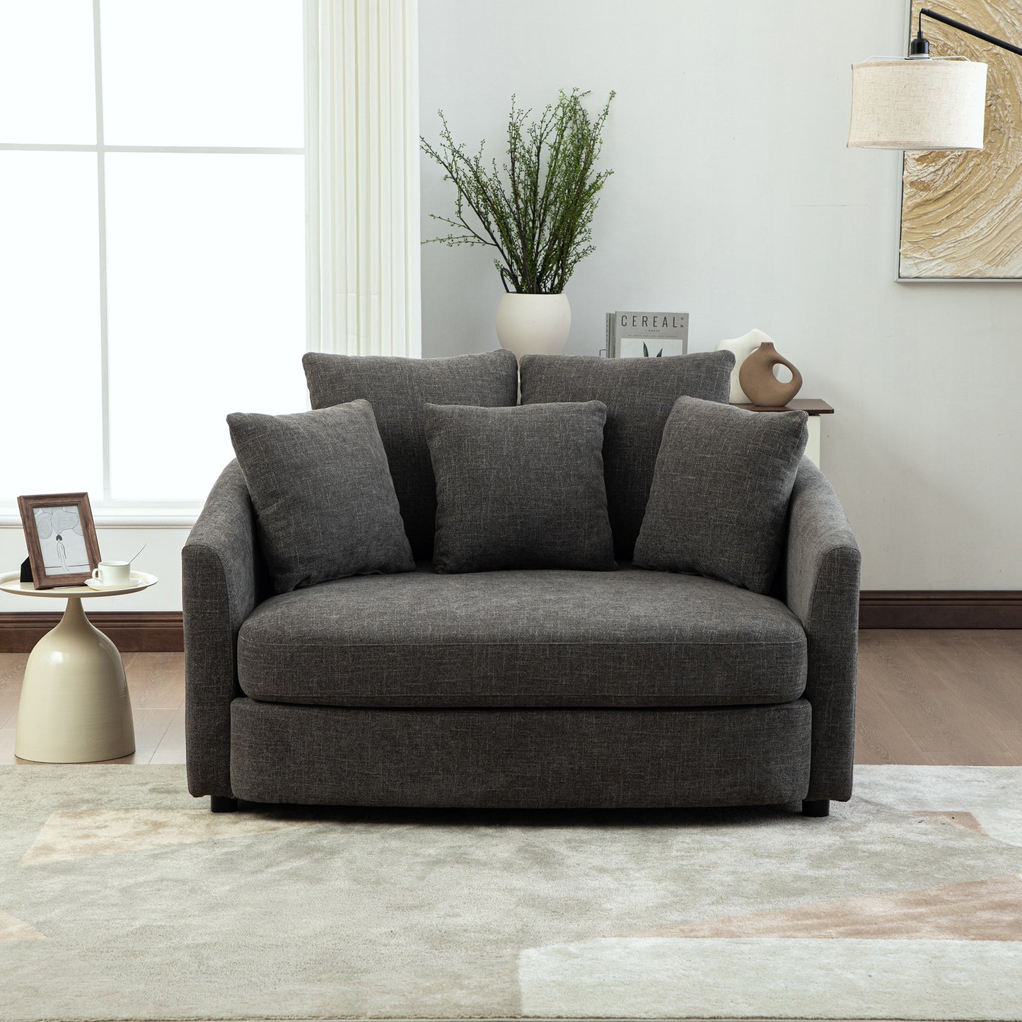 56.3  Wide Upholstered Round Accent Cuddle Chaise With Pillows, Cozy Oversized Slipcovered Barrel Lounger Chair With Deep Seat Reading Armchair For Club, Living Room, Bedroom, Office, Lounge, Gray