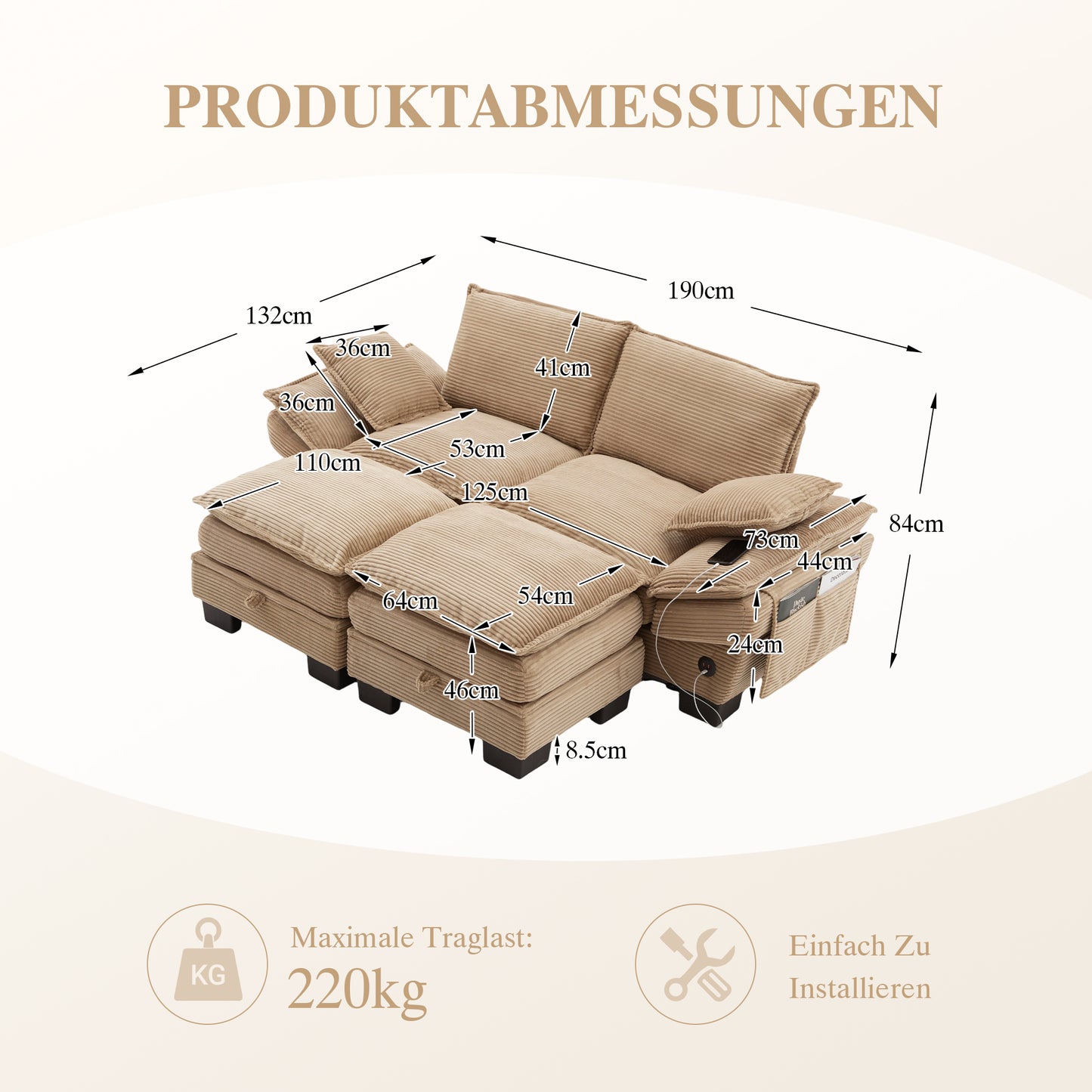 Modular 2-seater Corduroy Sofa  With 2 Stools  Wide Seat, Ergonomic Design, High-density Foam Padding, USB-C Port And Side Pockets. Ideal For Living Room, Office Or Lounge.