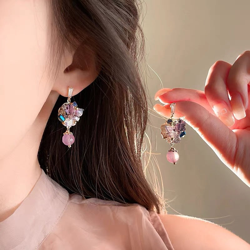 Purple Crystal Rhinestone Earrings For Women Korean Style Flower Luxury Versatile