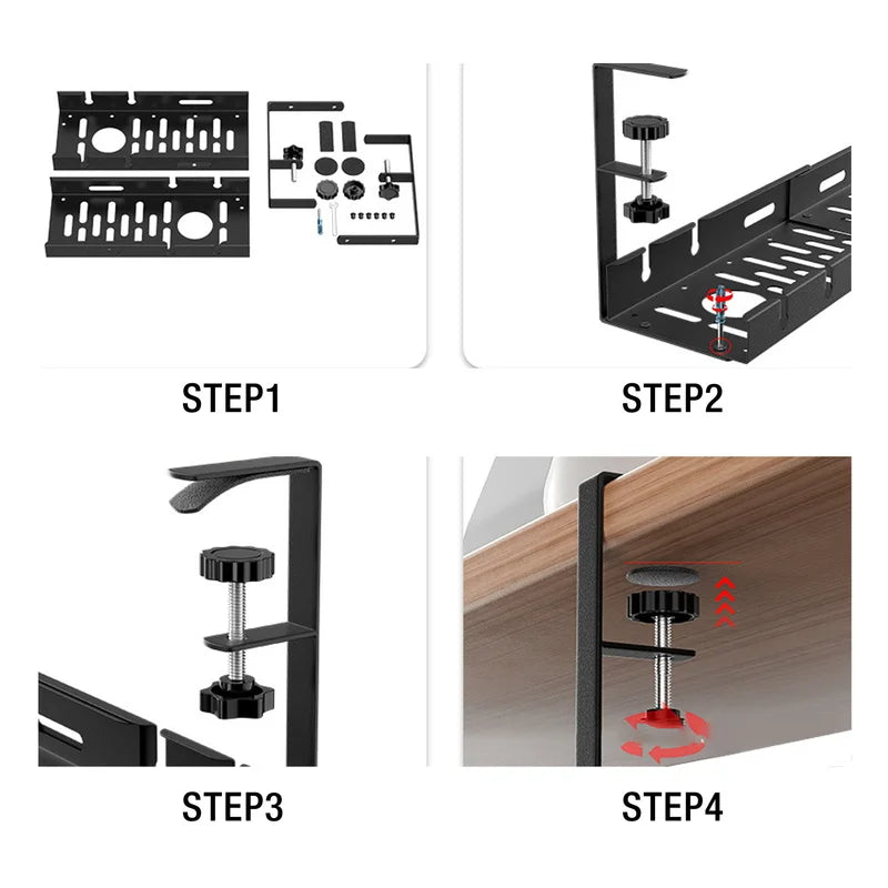 Cable Management Rack Carbon Steel Adjustable Length Space Saving Under Desk Power Strip Holder
