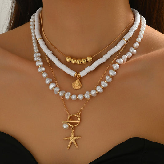 Cross-border European American Women Geometric Jewelry Set, Niche Ocean Style Long Clavicle Necklace Inlaid Shell & Faux Pearl, Versatile Daily Neck Accessories For Ladies