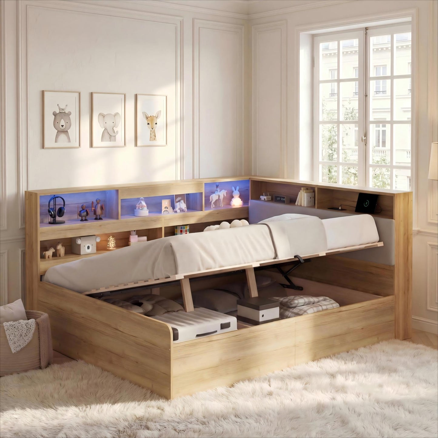 Daybed, Hydraulic Storage Bed, Children's Bed 140x200cm, Wooden Bed, Youth Bed, With USB Charging Station And LED Lighting, Natural Colour