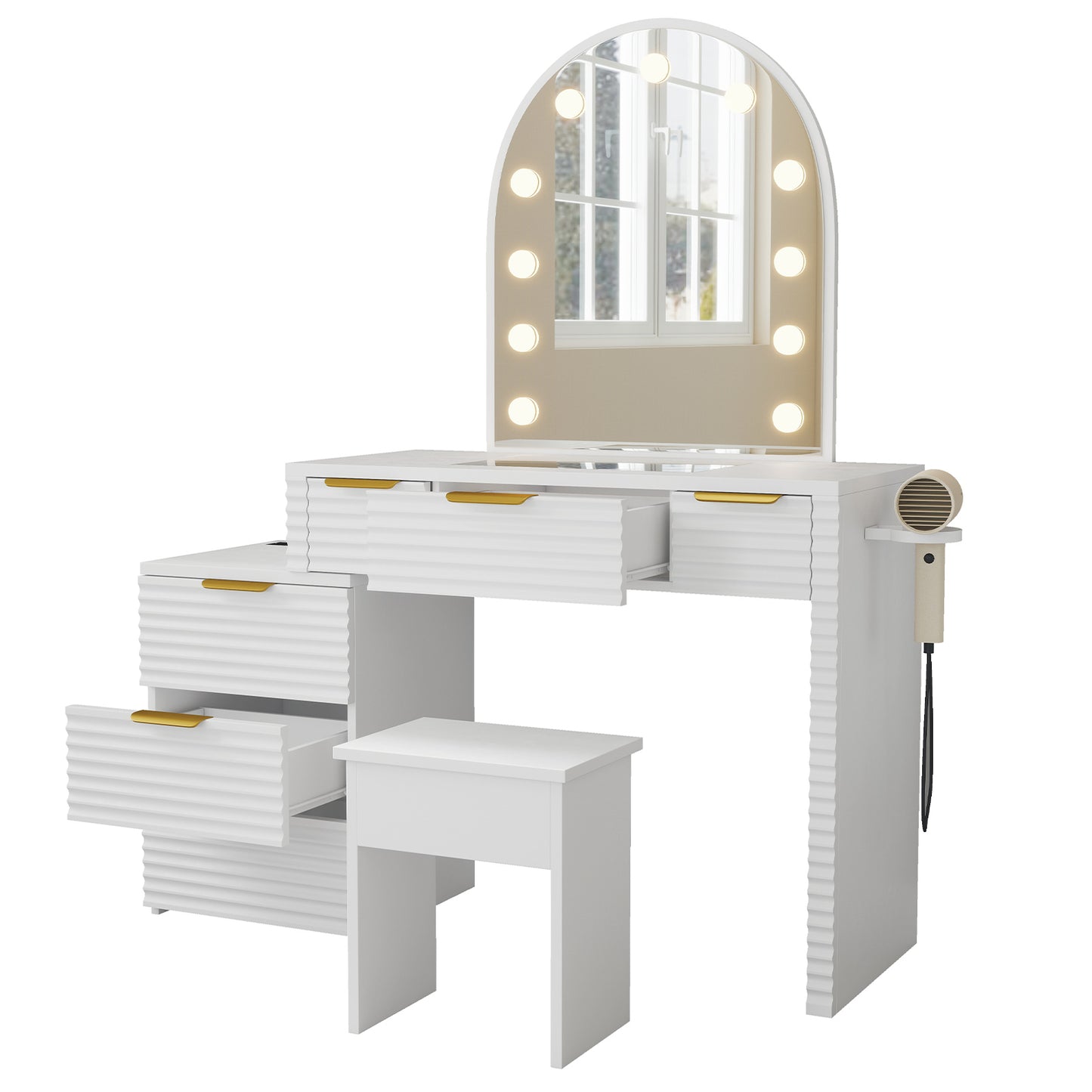 Makeup Vanity Desk With Mirror Lights Glass Tabletop 3 Lighting Modes Adjustable Vanity Table Modern Makeup Desk With Chair Power Outlet And 6 Drawers For Bedroom
