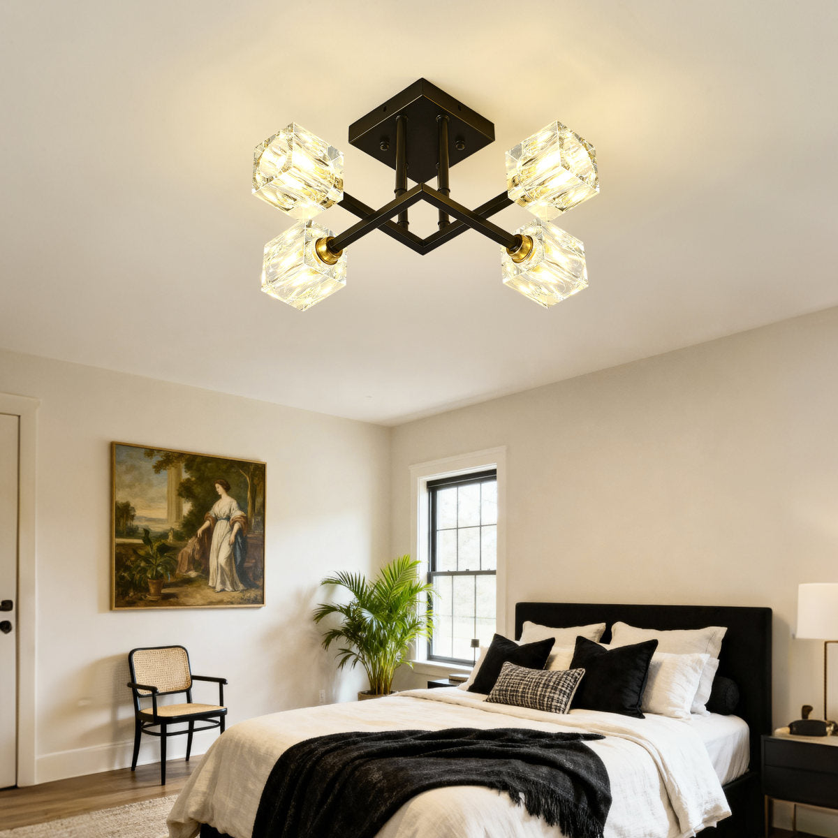 Modern Luxurious Crystal Ceiling Light, 4 Lights-BO INCLUDED Bulb  Modern Crystal Ceiling Light For Dining Room, Pendant Lamp Ceiling Lighting For Living Bedroom Hall Balcony --Matte Black