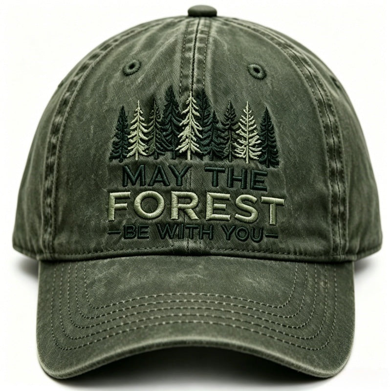 Water-washed, Distressed Forest-themed Embroidered Outdoor Casual Baseball Cap