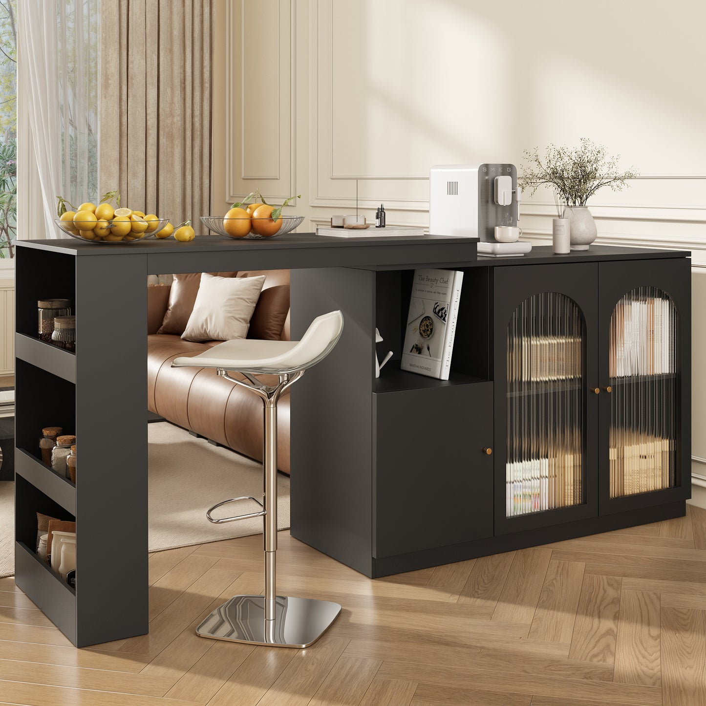 360 Rotating Bar Table  Main Body 120 X 40 X 97 Cm , Modern And Simple Black Rotating Dining And Bar Cabinet, Multifunctional Storage Cabinet With Glass Door