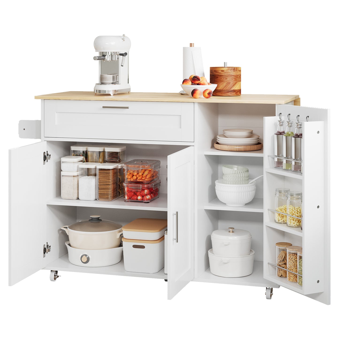 N635P21858284D 132.5X44X90cm Large Mobile Kitchen Table, Foldable Countertop, Oak Grain, Multifunctional Cabinet, Spice Rack, Towel Rack, 5 Wheels, Suitable For Kitchen Dining Home