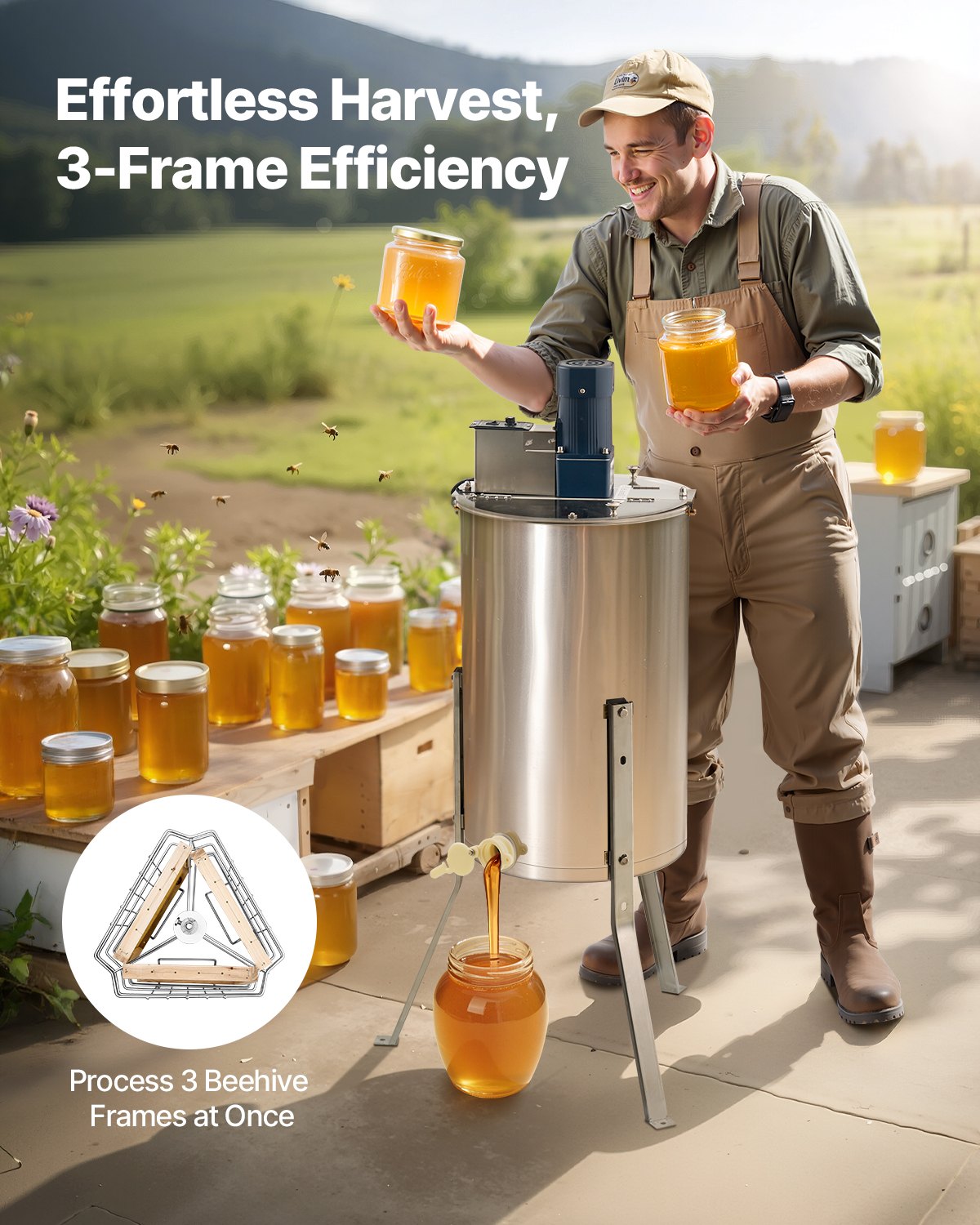Electric Honey Extractor, 3 Frame Honey Spinner With Transparent Lid, 140W Stainless Steel Honeycomb Drum Spinner, Height Adjustable, Honeycomb Extraction Equipment For Beekeeping