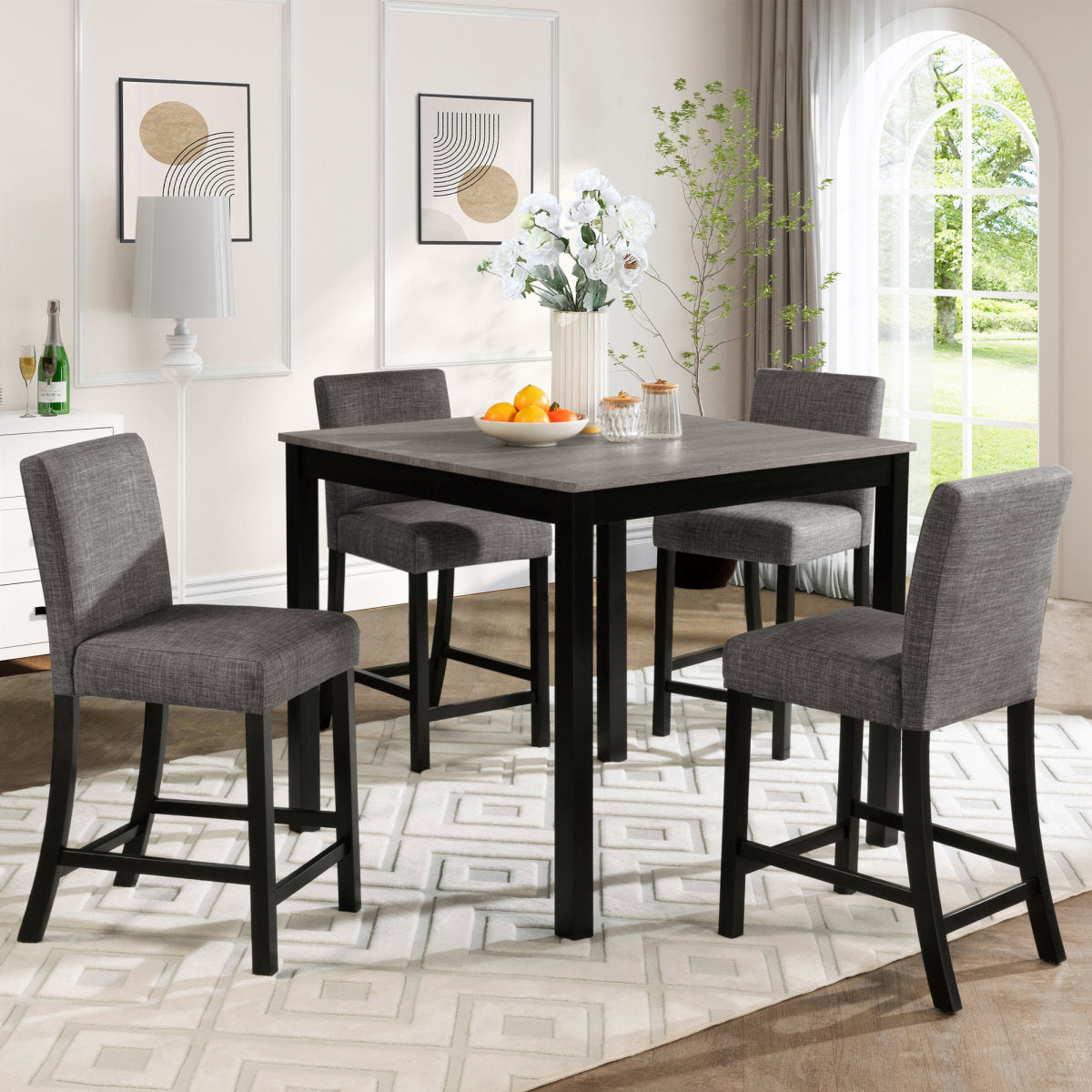 5-Piece Counter Height Table Set with 4 Chairs, Counter Height Table Set for 4 with Chairs, Wooden Counter Height  Table Set for Kitchen, Dining Room, Light Grey & Black Two Tone