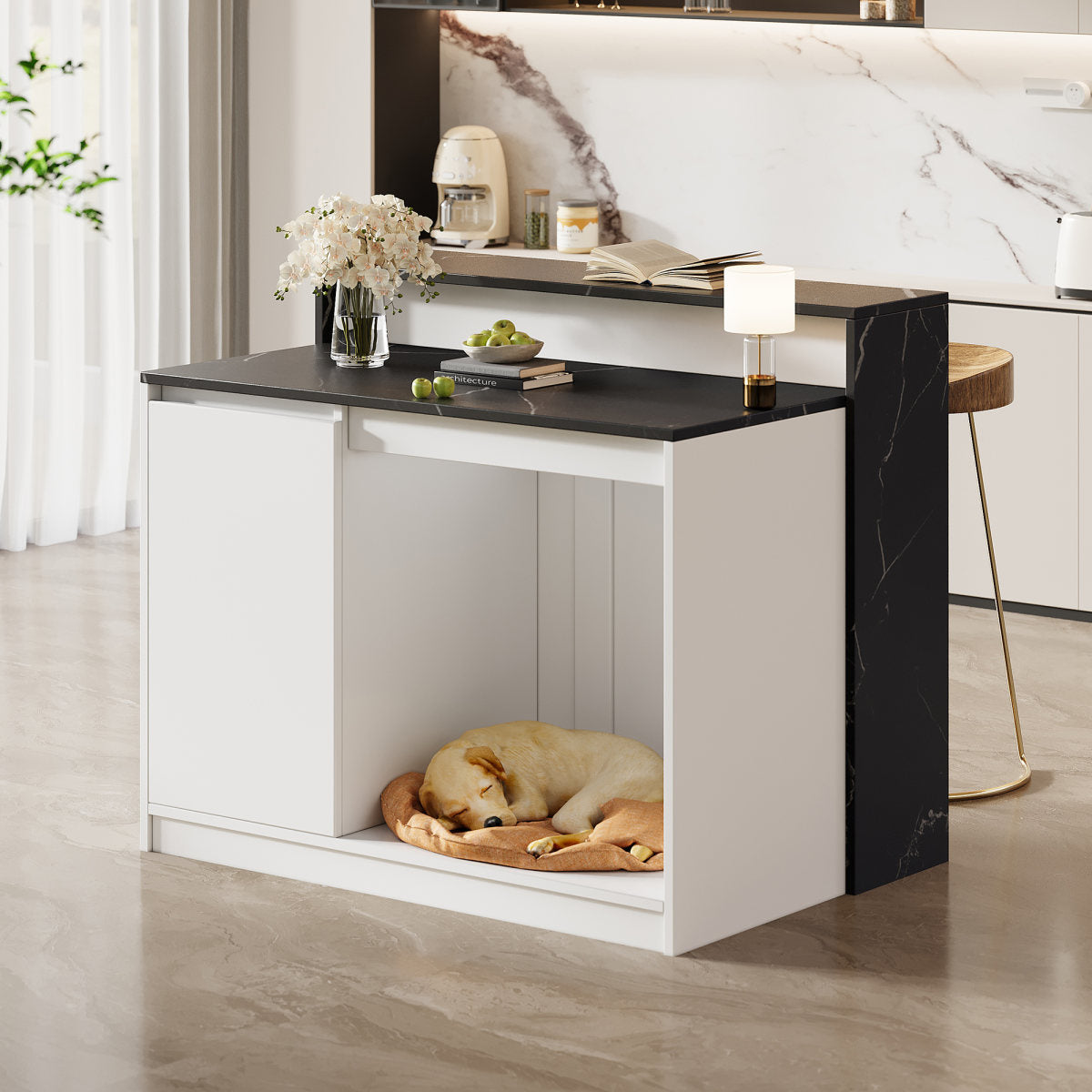 Kitchen Island, Kitchen Island With Bar Counter, Kitchen Table & Bar Counter, Multifunctional Kitchen Table, With Pet Rest Area, For Kitchen & Dining Room, White  Black Marble Look, 120x80x100cm