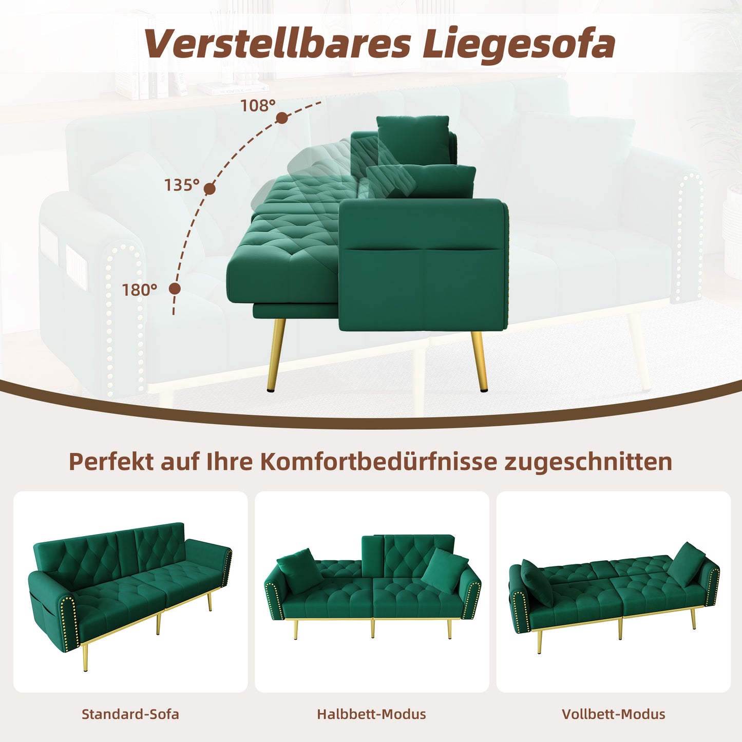 Double Fold Out Sofa Bed With Reclining Function, Three Adjustable Tilt Angles And Cup Holder. Suitable For Living Room, Bedroom, Home Theater Or Guest Room. Fabric Cover. Green