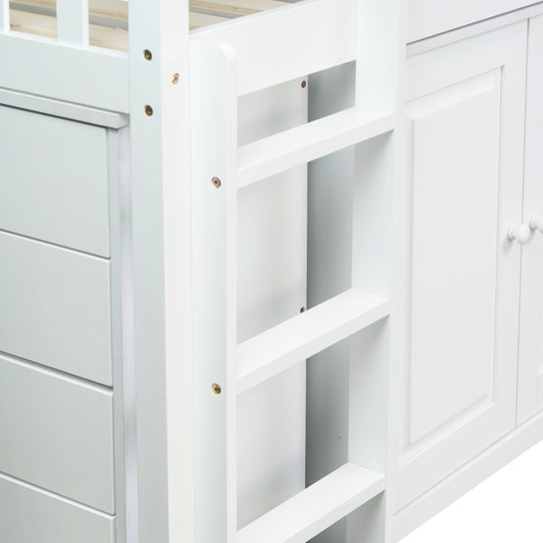 Twin Loft Bed With Storage Cabinet, Drawer And Shelf Cabinet And Pulling-Out Desk, Rubber Wood Loft Bed With Safety Guardrail, Ladder,White