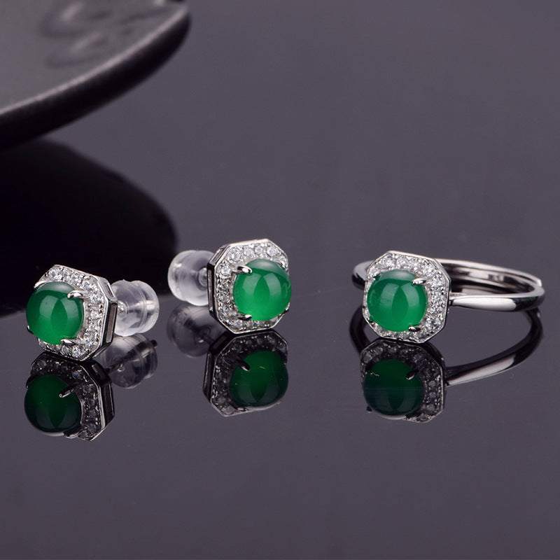 S925 Sterling Silver Octagon Halo Stud Earrings, 6mm Round Green Chrysoprase, Platinum Plated 2.3g, Elegant Women's Jewelry With Gift Box Set