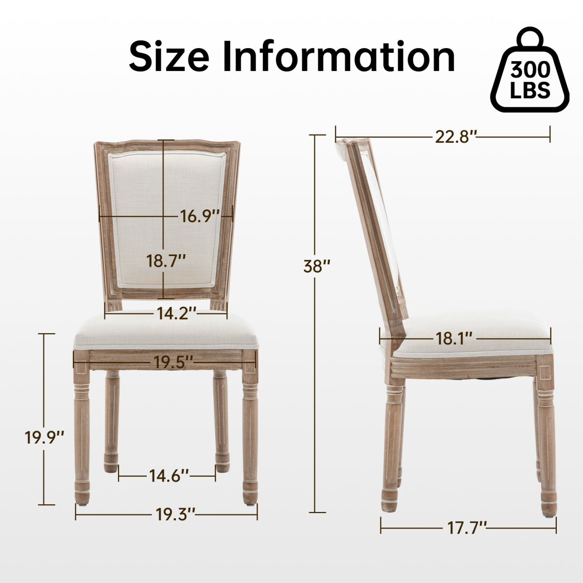 Farmhouse Solid Wood Frame Dining Chairs with Cushioned Linen Seat & Top-Wide Backrest for Kitchen, Dining Room, Living Room, Beige, Set of 2
