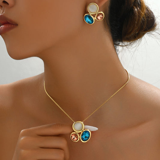 Ins Niche Japanese Korean Style Women Jewelry Set, Long Forest Vibe Clavicle Necklace & Matching Earrings Inlaid Multicolor Cubic Zirconia, Versatile Daily Neck Ear Accessories