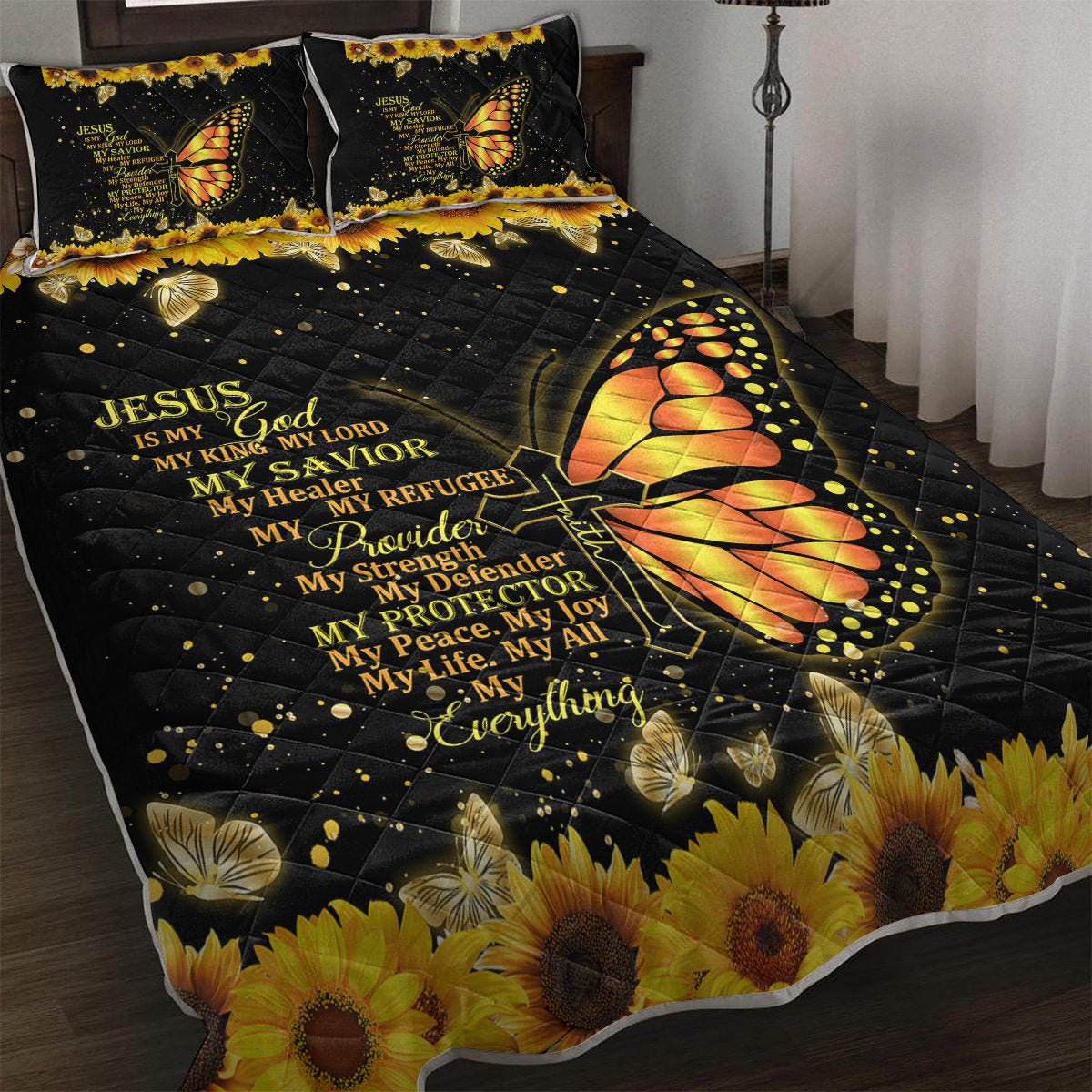 3 Pieces Butterfly And Sunflower Pattern Pet Theme Quilt Set Soft And Warm Bedding Set, Including 1 Quilt And 2 Pillowcases For Home Bedroom Decoration