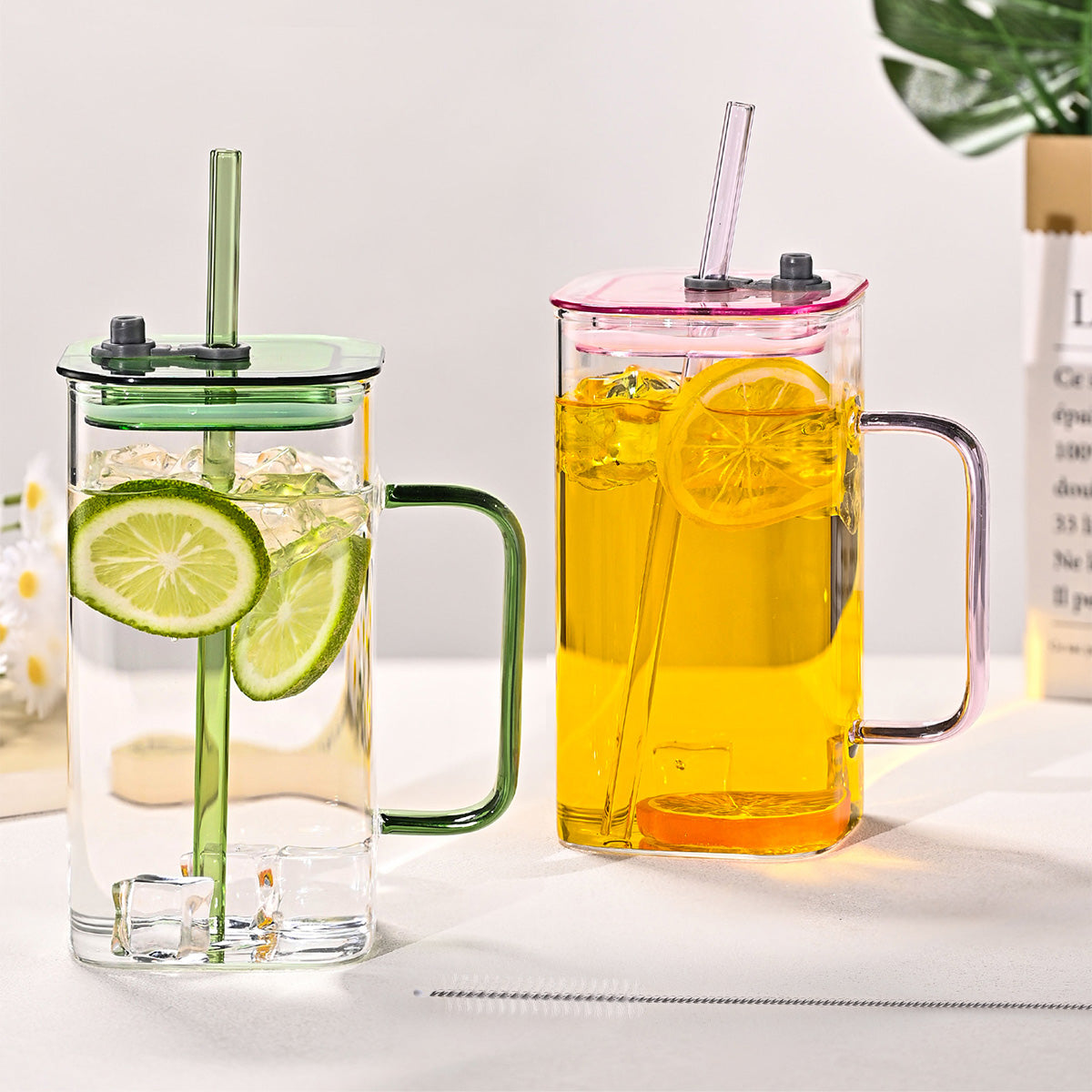 1 Pcs Transparent Glass Straw Cup, 4 Colors Square Glass Cup With Straw And Lid, High Borosilicate Glass Cup, Milk Cup, Juice Cup, Cold Drink Cup, Coffee Cup, Tea Cup, Office Cup, Gift Cup