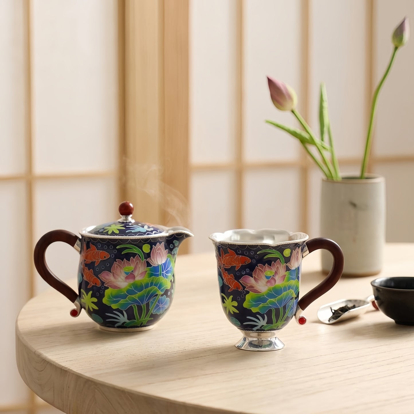 925 Sterling Silver Exquisite Handcrafted Cloisonné Enamel Lotus and Koi Fish Silver-Toned Tea Cup - Handicraft