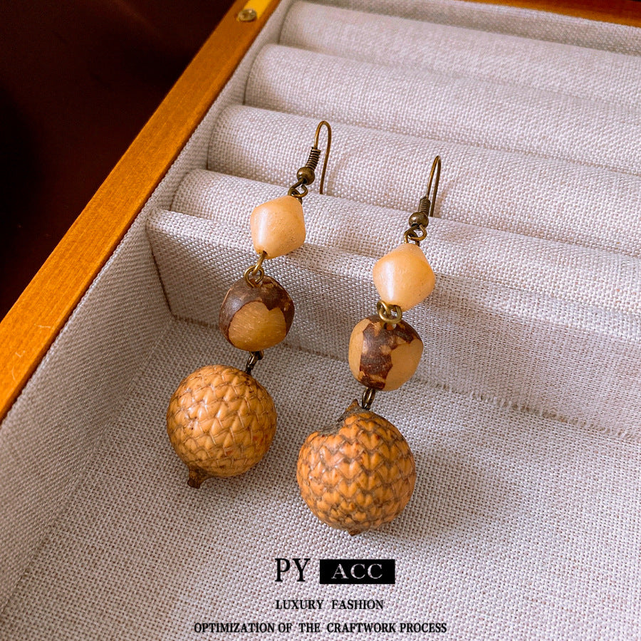 Retro Ethnic Style Resin Fruit Core Tassel Earrings Fashion Design Sense Niche Accessories