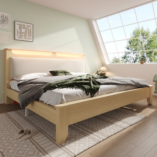 Double Bed Wooden Bed 140X200cm, Headboard With Storage Space, LED Lighting And Beige Corduroy Upholstered Backrest, Bed Frame With Wooden Slats, Light Oak  Without Mattress & Bed Bench