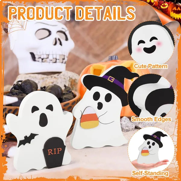 Cute Ghost Halloween Decorations Indoor, Wooden Tiered Tray Decor Table Sign Set Of 3, Black Cat Bat Witch Broom Signs Pumpkin Blocks For Party Home Shelf Display