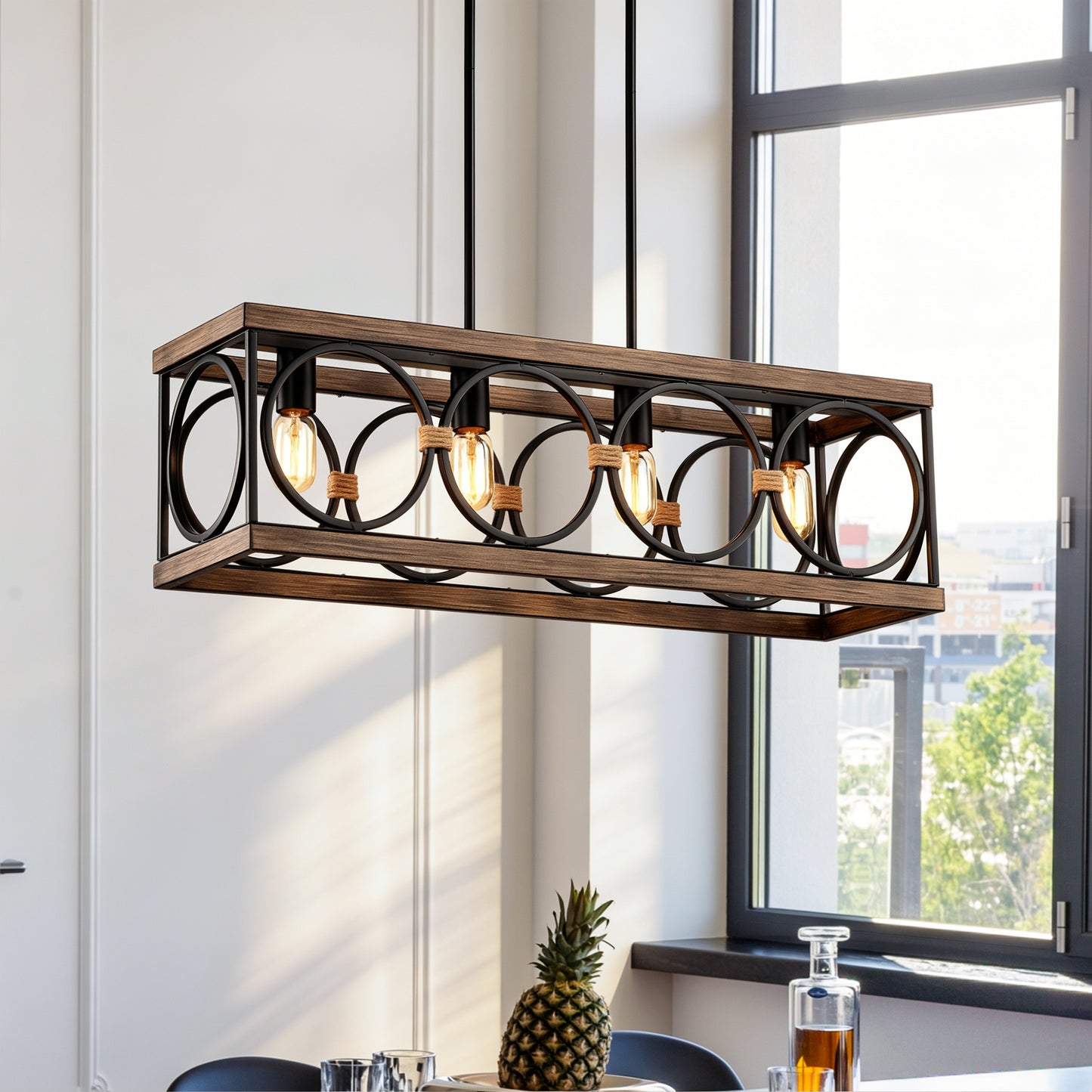 4-Light  Bulb NO Included Farmhouse Rectangle Pendant Light,31.6  Nature Wood Texture Vintage Rustic Chandeliers Black Metal Industrial Hanging Light Fixtures For Kitchen, Entryway, Dining Room