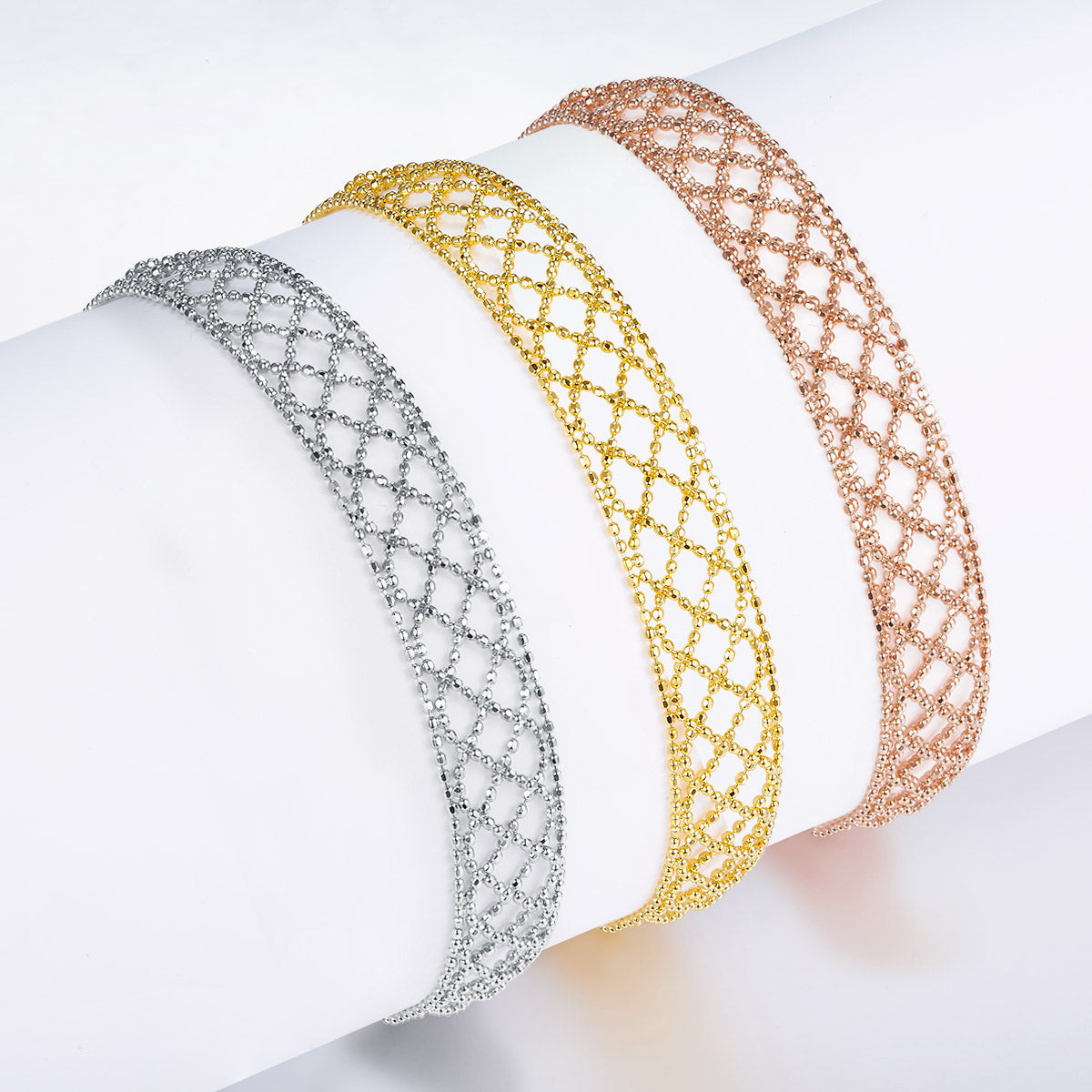 S925 Sterling Silver 10mm Wide Hollow Mesh Bracelet 18.5cm Adjustable 3.1g Platinum Gold Rose Gold Plated Gift Box