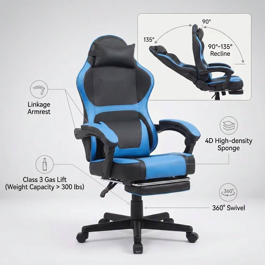 Ergonomic Business Gaming Chair With Lumbar & Neck Support, Adjustable Footrest, 300 Lbs Load Capacity  136 Kg , 360 Swivel, For Home Office & Relaxed Breaks