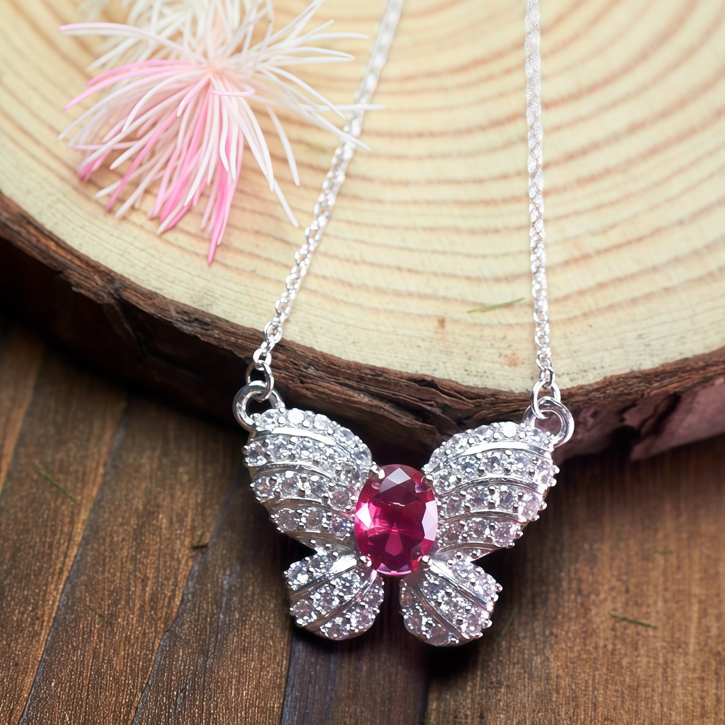 Oval Cut Hot CZ Butterfly Pendant Necklace For Women, Copper Plated Silver Full Pave White Cubic Zirconia Elegant Wedding Party Statement Jewelry Gift