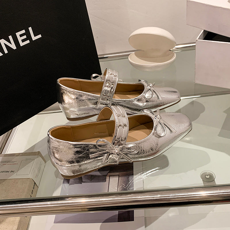 2026 New Summer Silver Hidden Heel Mary Janes For Women, French Ballet Flat Shoes With Single Strap, Match Dresses Perfectly