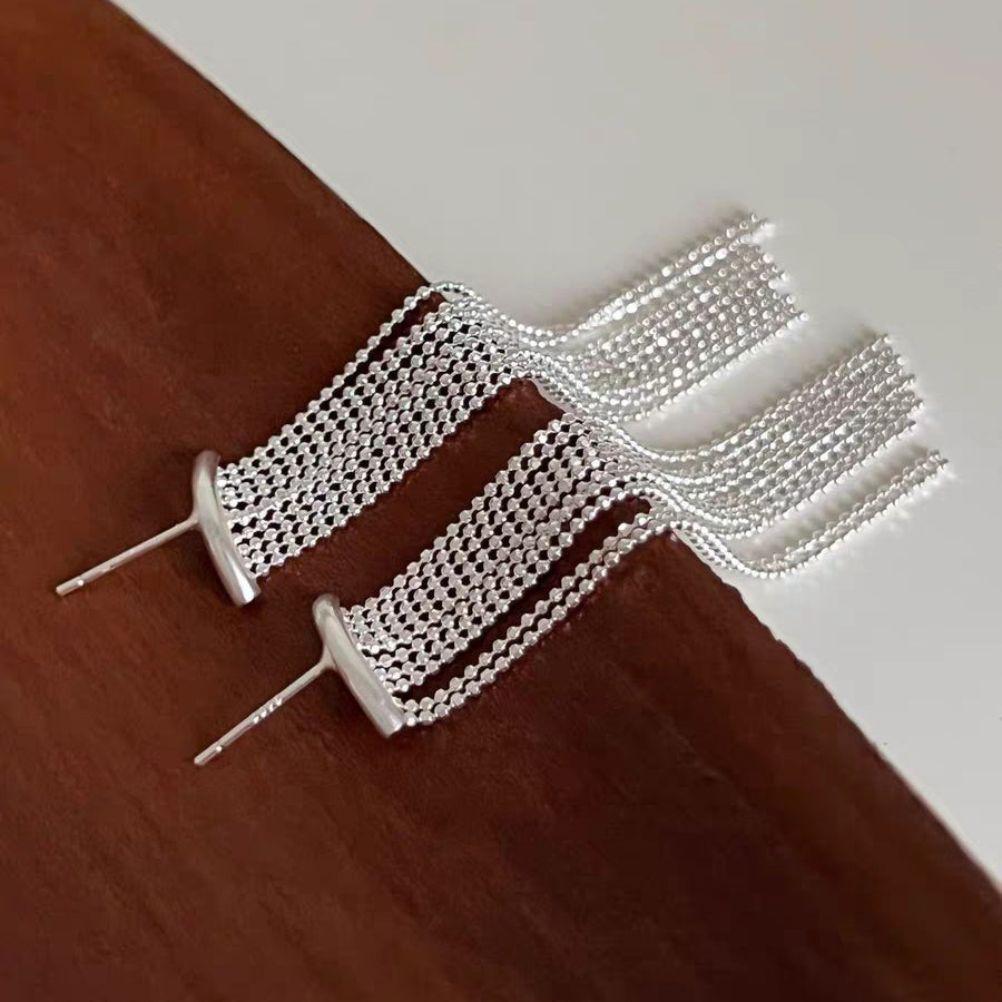1 Pair 999 Sterling Silver Curved Beaded Long Tassel Earrings, Minimalist & Elegant, Perfect For Daily, Party & Dating, Ideal Valentine's Gift
