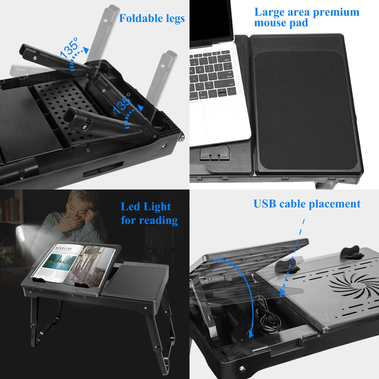 1Pc Foldable Laptop Table Bed Notebook Desk With Cooling Fan Mouse Board LED Light 4 USB Ports Breakfast Snacking Tray With Storage Groove For Home Office Use
