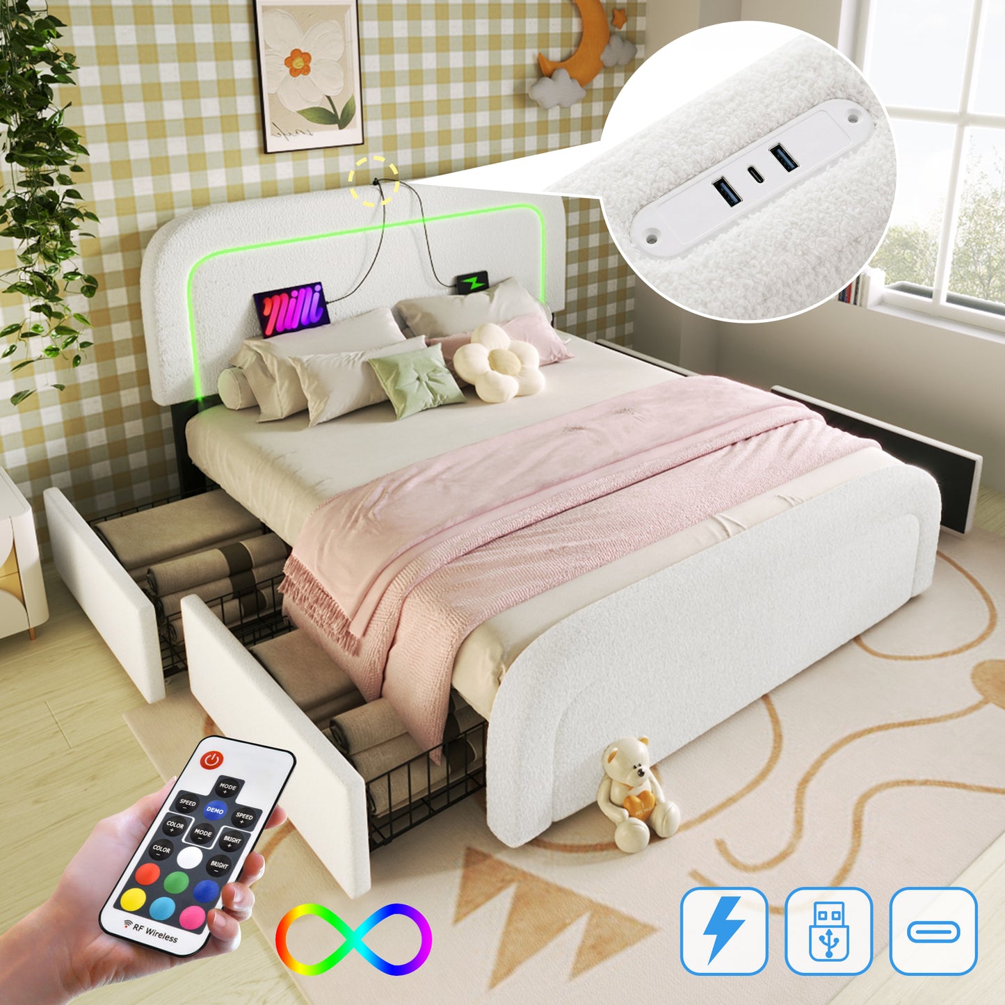 AB20044647W Bed Frame With USB-C Charging, LED Lighting, And 4 Drawers  Upholstered Double Bed 160x200cmWith Height-Adjustable Headboard And Wooden Slatted Base  Sherpa White Mattress Not Inc