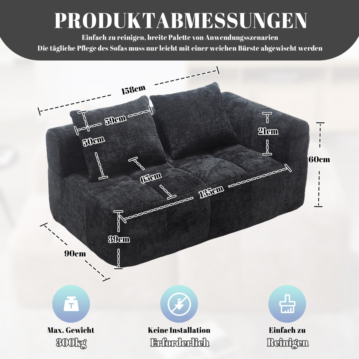 Comfortable Sofa For 2 People, No Assembly Required, Fluffy Sofa With A Cushion, Side Pockets For Remote Control And Mobile Phone, Neat And Stylish, Black
