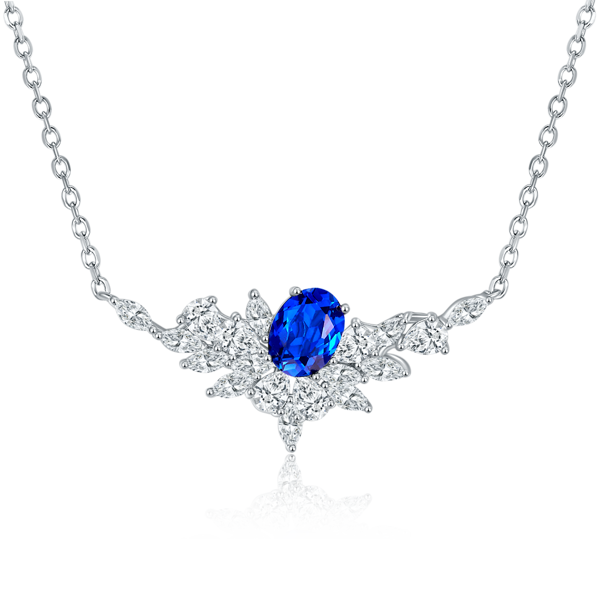 S925 Sterling Silver Lab-Grown Ruby Sapphire Necklace, 8x6mm Oval With Marquise Cluster, Platinum Plated 40&45cm Chain, 5g, Gift Box