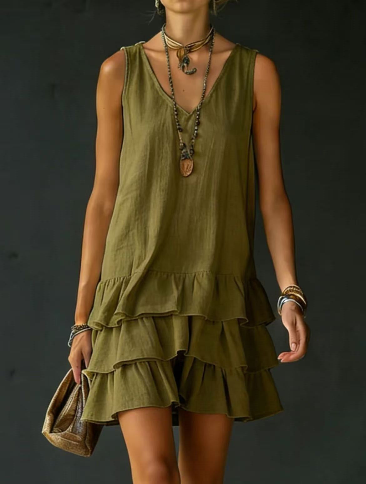 Spring Summer Fashion Women Solid Color Loose Casual Tank Dress With Side Pockets