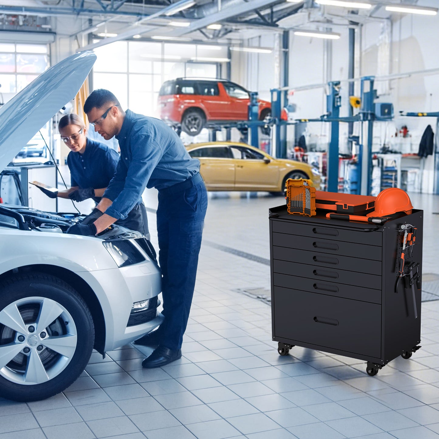 34.3  Rolling Tool Chest With 6 Drawers - Mobile Garage Cabinet Organizer, All-Drawer Design For Small Parts & Tools, Heavy Duty Steel Construction