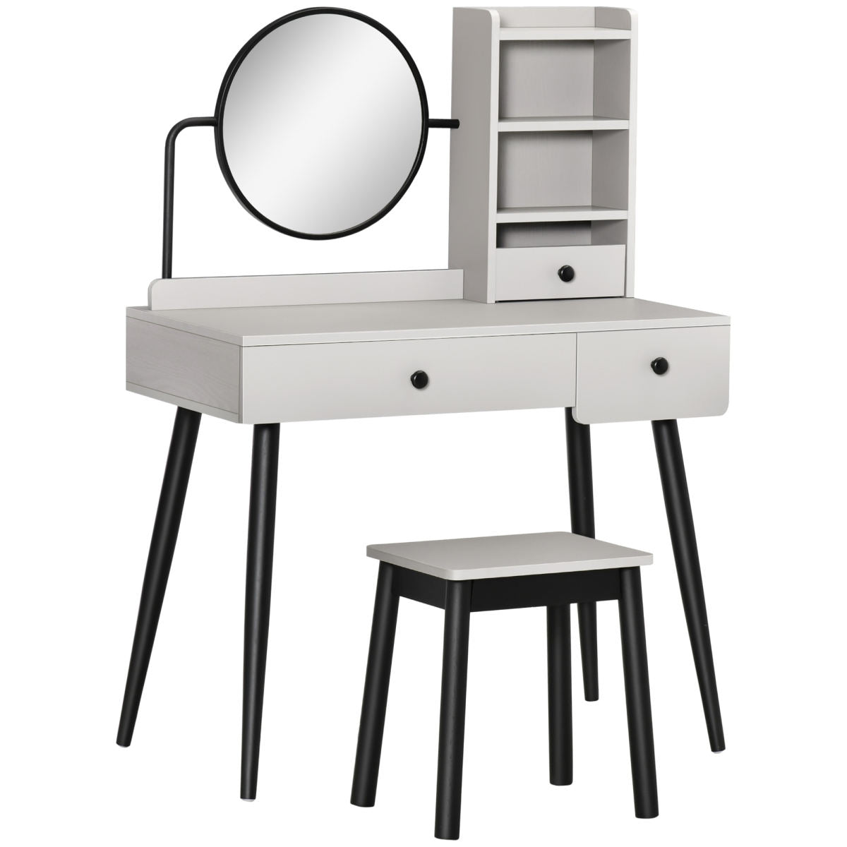 Dressing Table Set With Mirror And Stool, Vanity Makeup Table With 3 Drawers And Open Shelves For Bedroom, Living Room, Grey