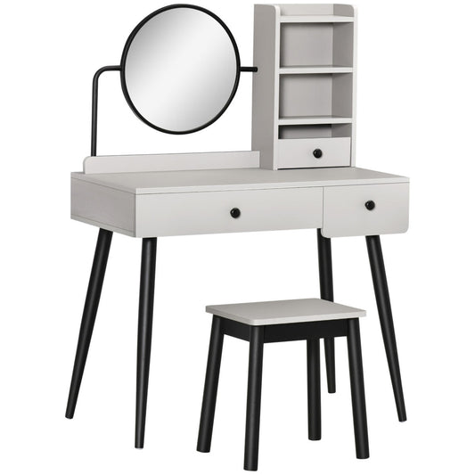 Dressing Table Set With Mirror And Stool, Vanity Makeup Table With 3 Drawers And Open Shelves For Bedroom, Living Room, Grey