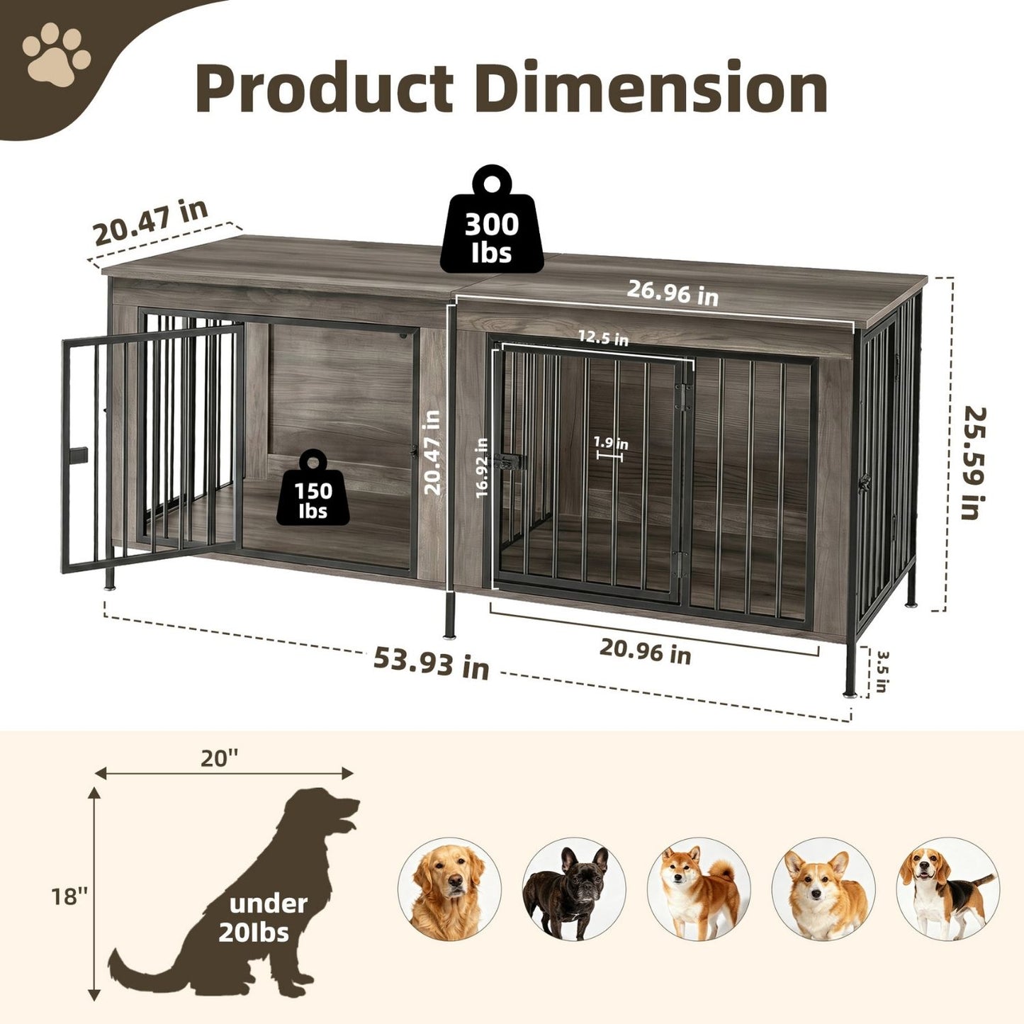 Double Dog Crate Furniture With Divider, Heavy Duty Pet Kennel End Table TV Stand, Extra Large Double Door